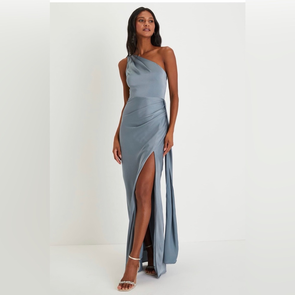 Signature Elegance Slate Blue Satin One-Shoulder Maxi Dress